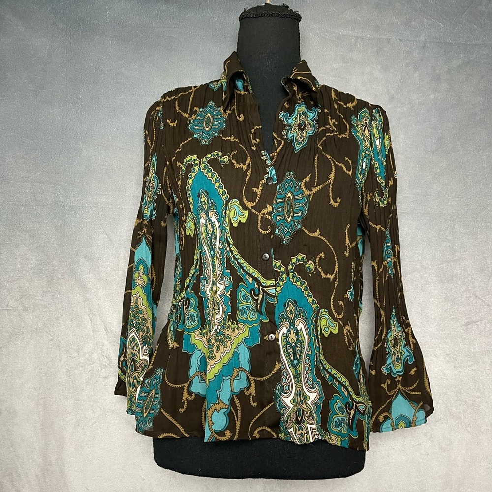 Brown and blue paisley pleated blouse with butterfly sleeves size medium